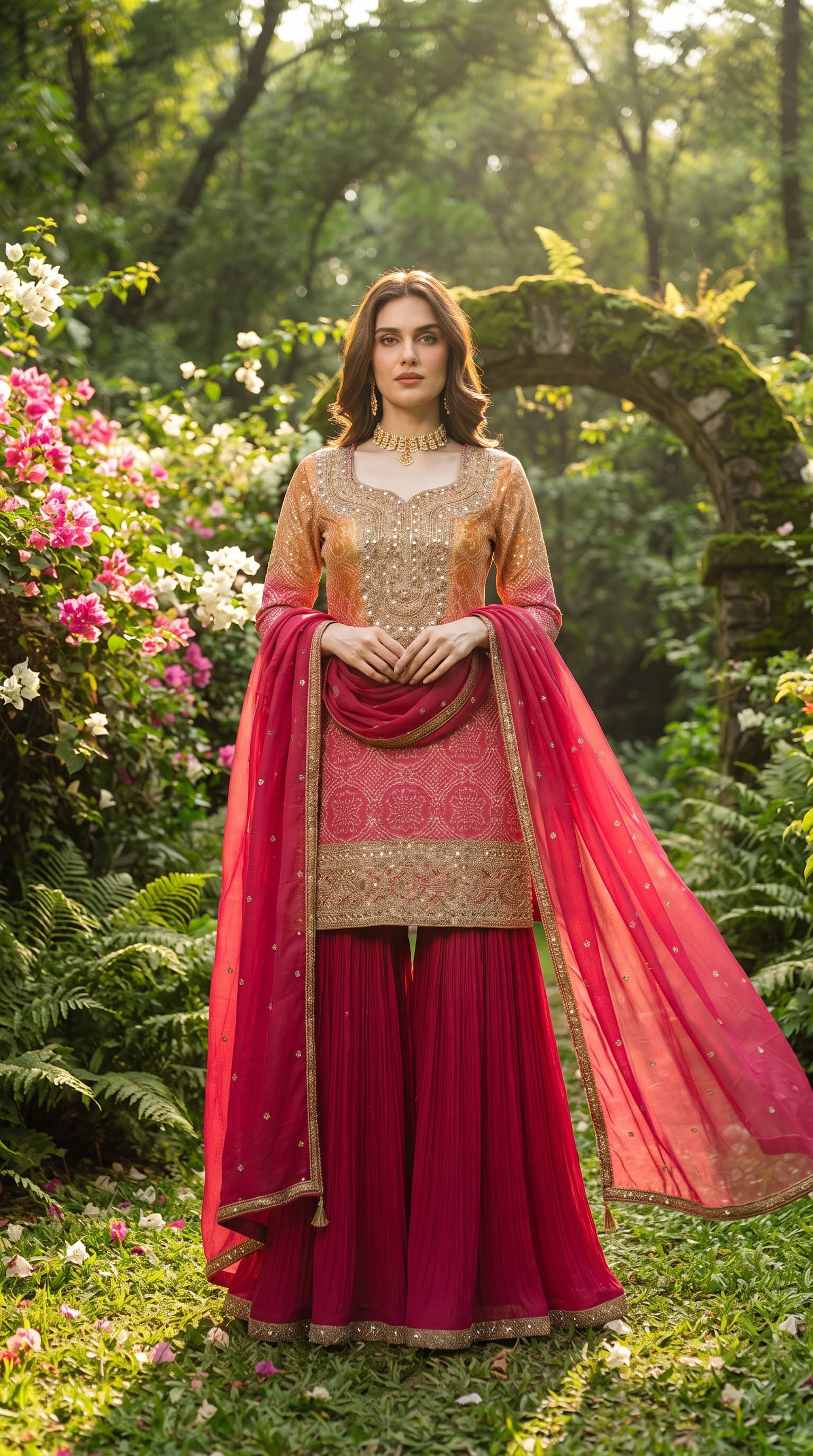 Ombre Ochre and Rani Pink Bandhani Sharara Set