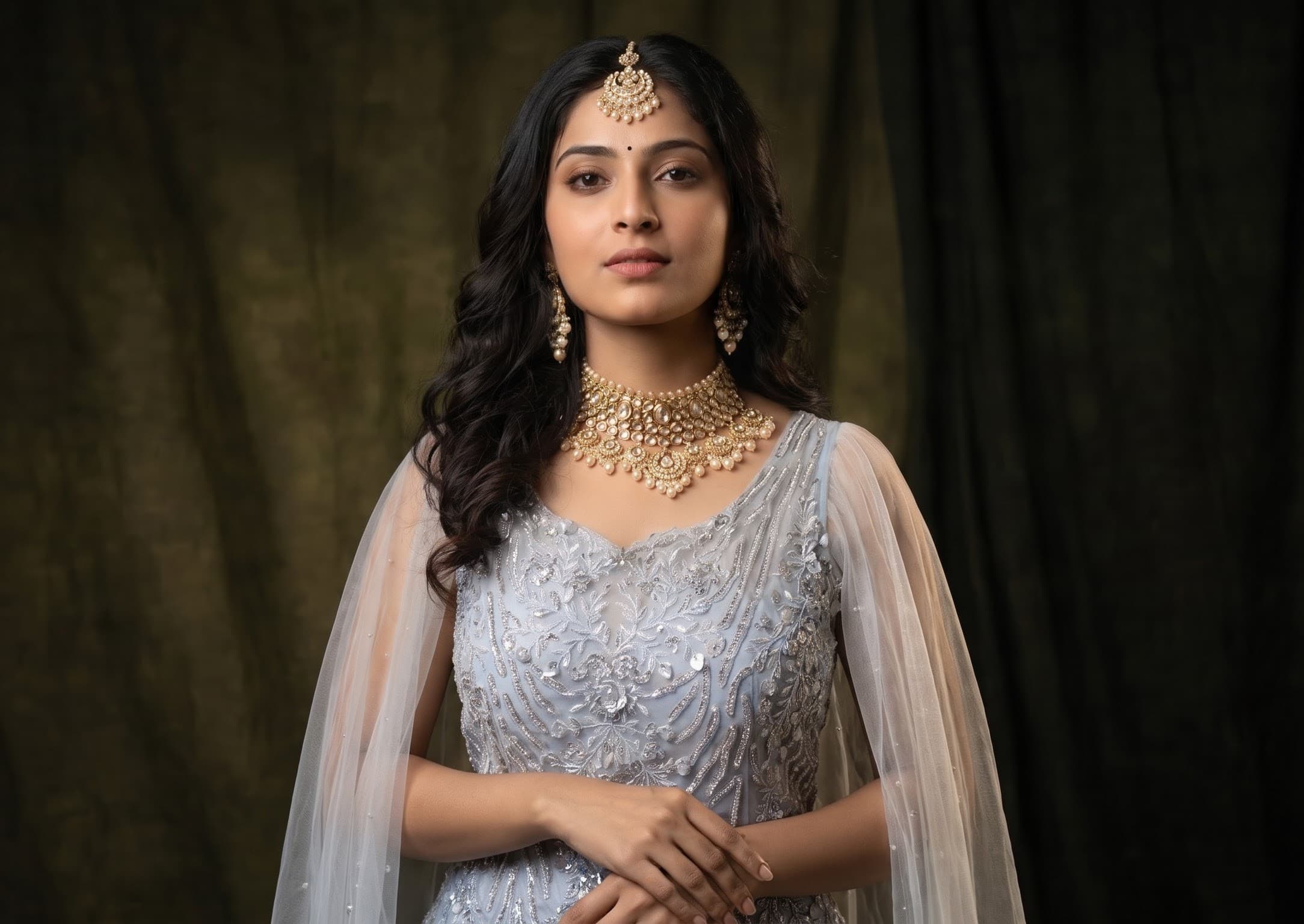Silver Grey Embroidered Cape Sleeve Gown