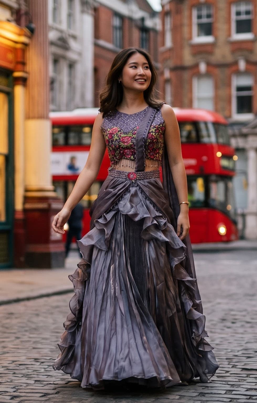 Grey Ruffled Floral Embroidered Lehenga Saree