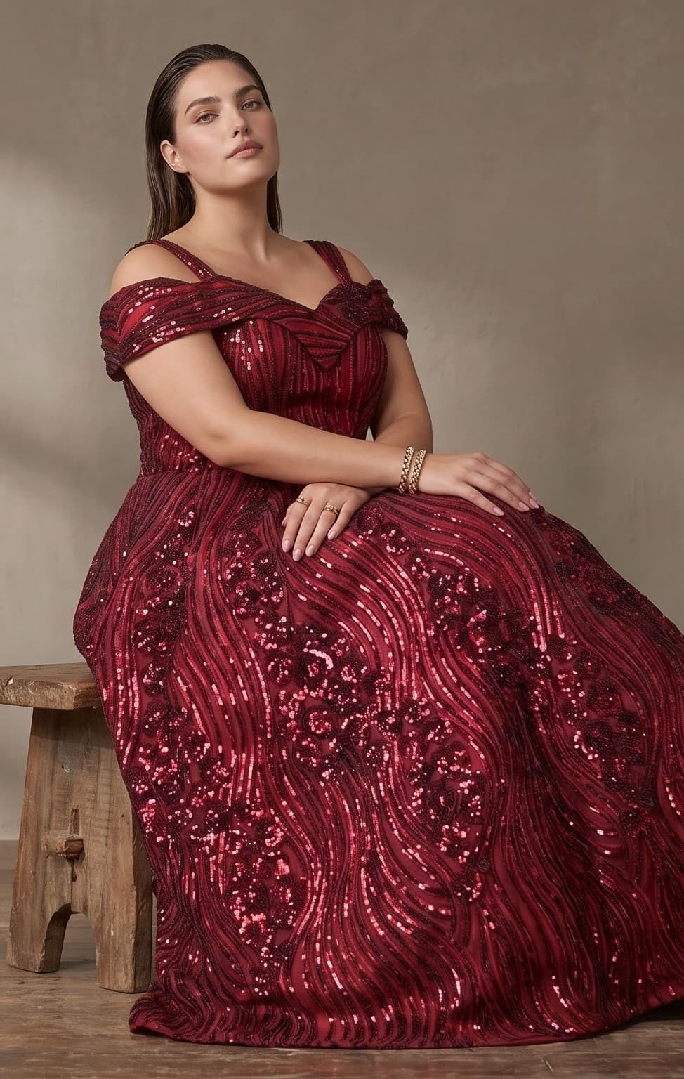 Maroon Shimmer Embroidered Cold-Shoulder A-Line Evening Gown