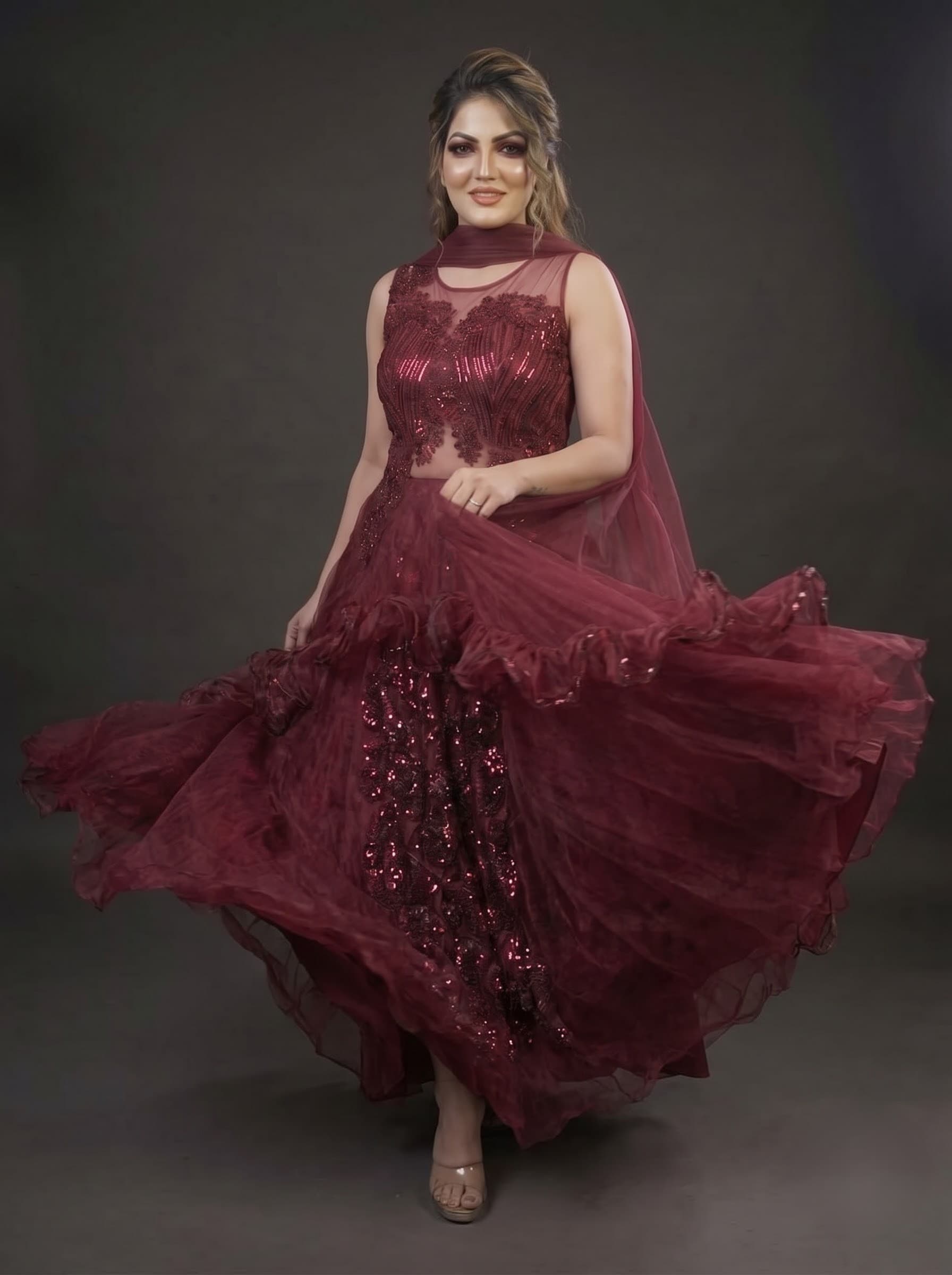 Wine Ruffle Flared Indo-Western Gown with Embroidered Bodice & Attached Cape