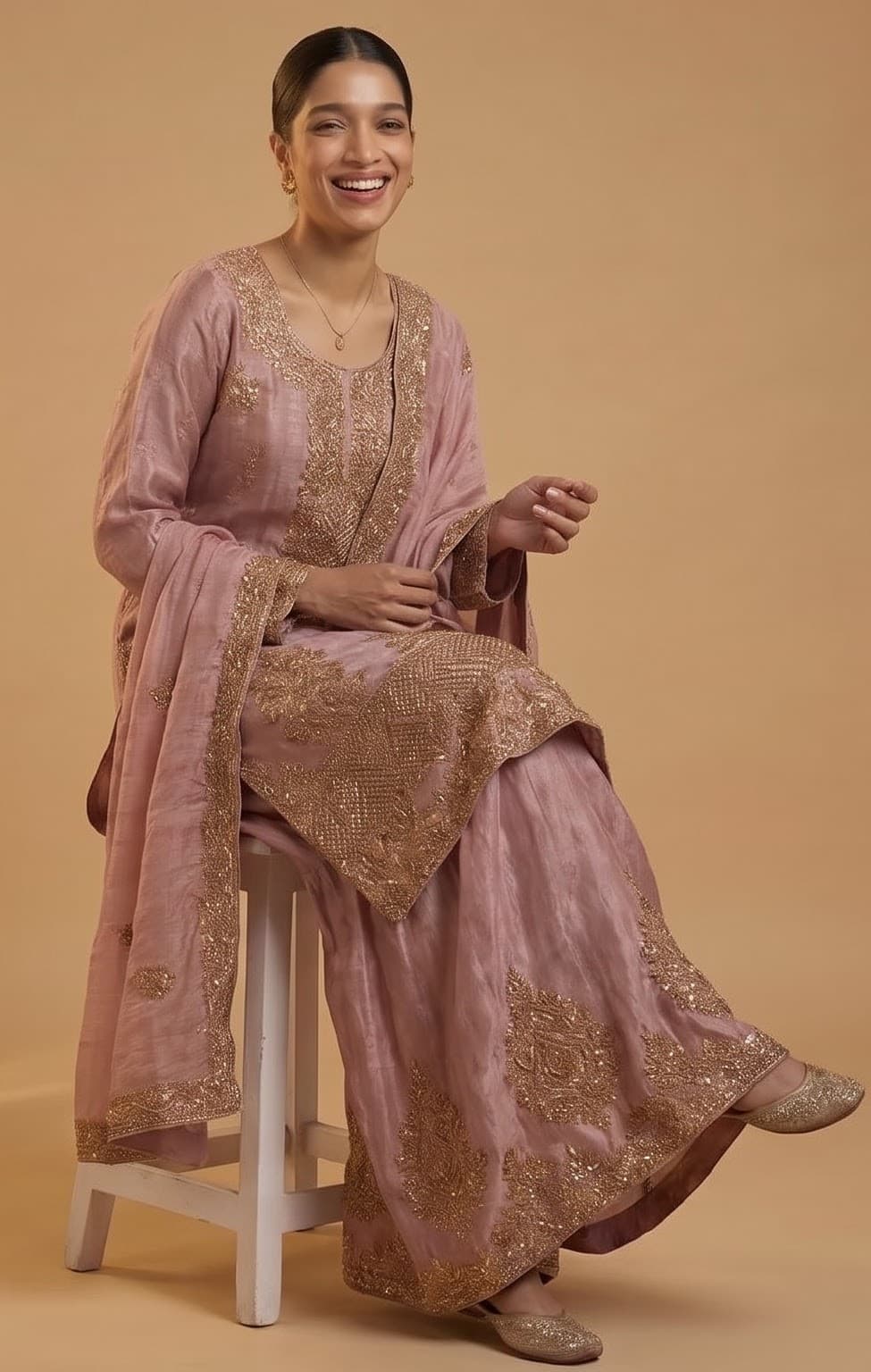 Dusty Rose Tissue Silk Hand Work Embroidered Kurta with Flared Sharara & Dupatta Set