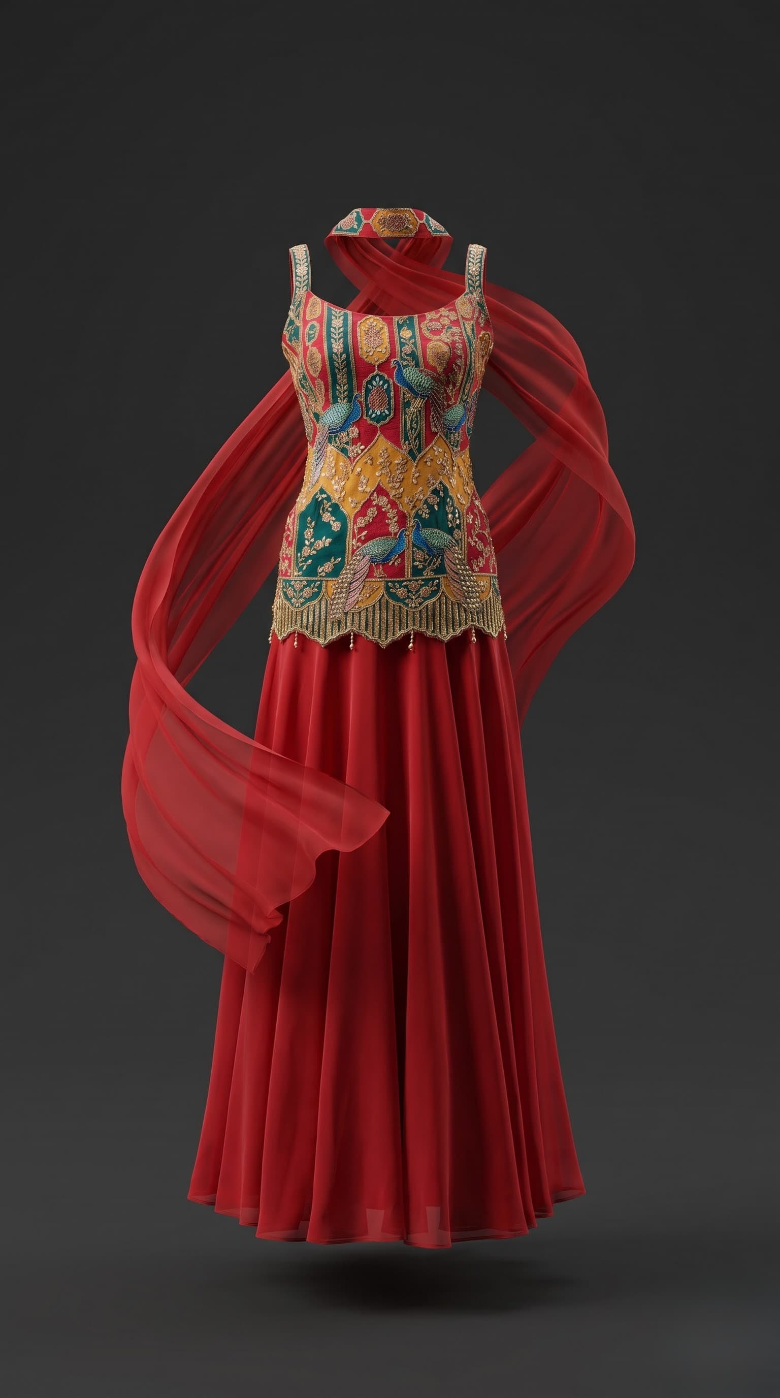 Crimson Red Embroidered Peacock Motif Bustier with Flared Palazzo & Cape Set