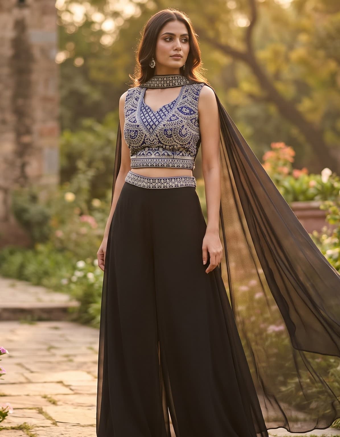 Royal Blue Embroidered Bustier with Black Flared Palazzo & Choker Cape Set