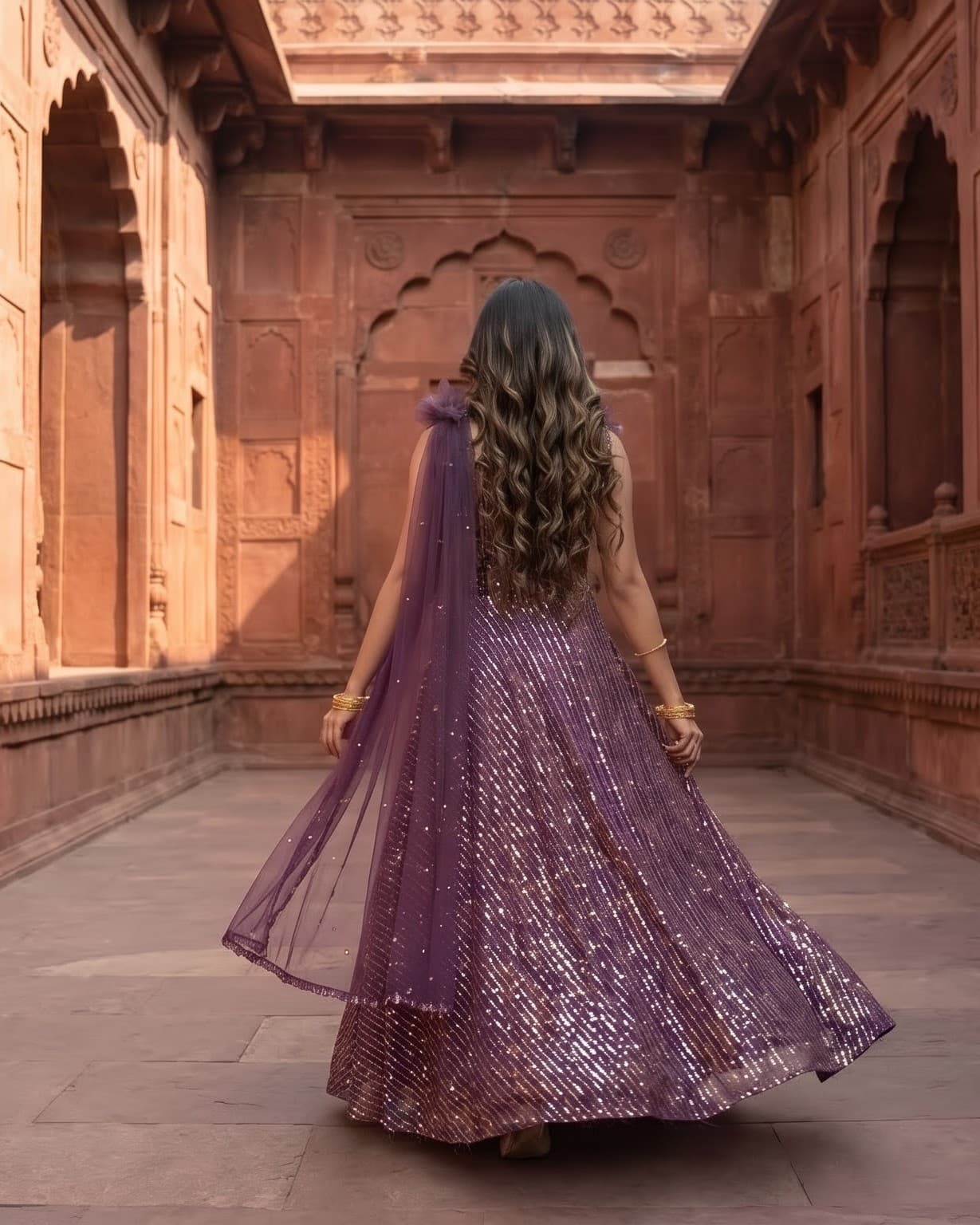 Plum Purple Linear Sequin Embellished Flared Gown with Sheer Dupatta