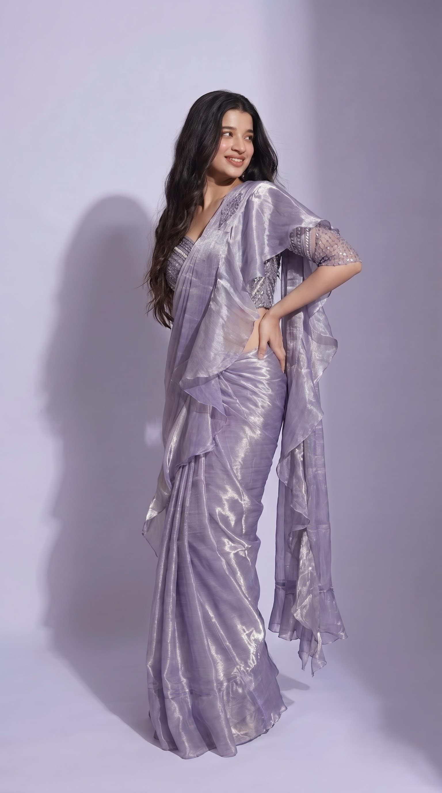 Lavender Shimmer Tissue Pre-Draped Ruffle Ready to Wear Saree with Embroidered Blouse
