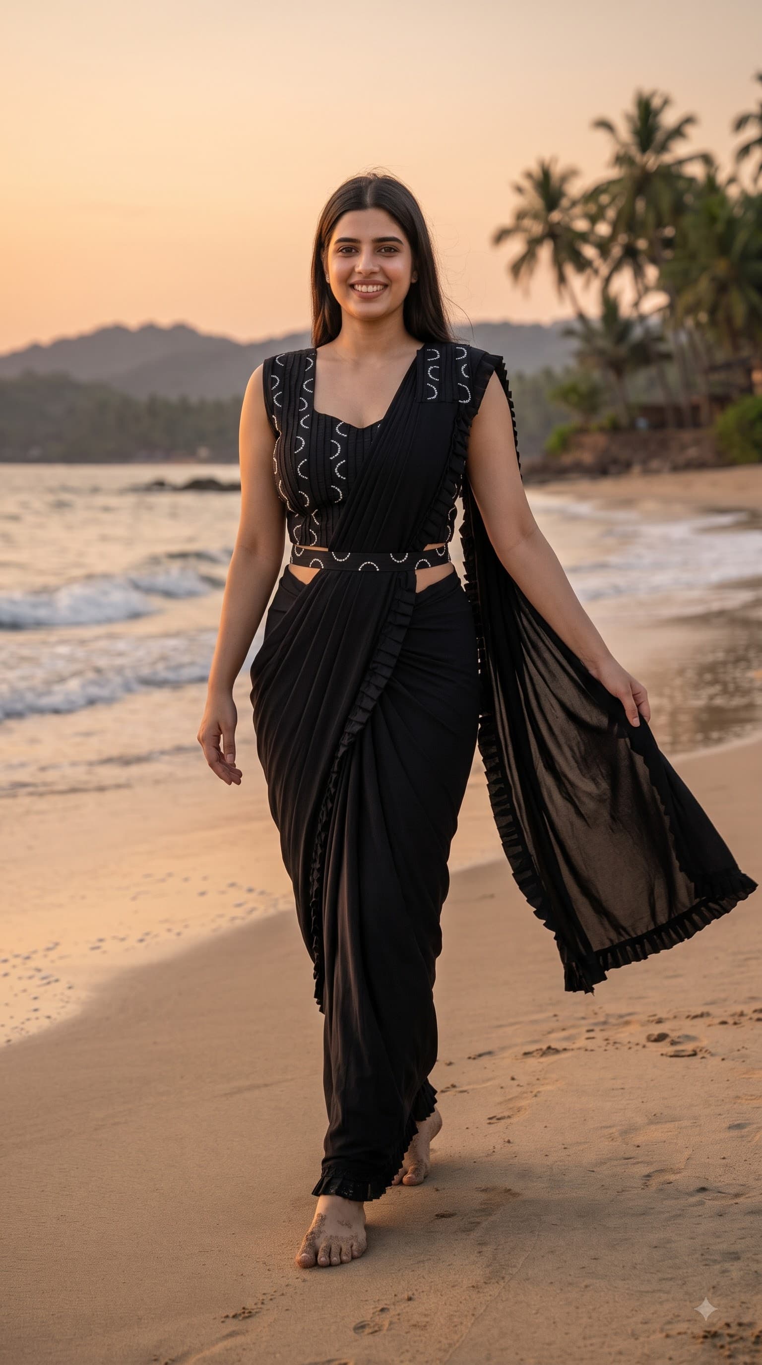 Jet Black Pre-Draped Ruffle Ready to Wear Saree with Embroidered Belt & Blouse