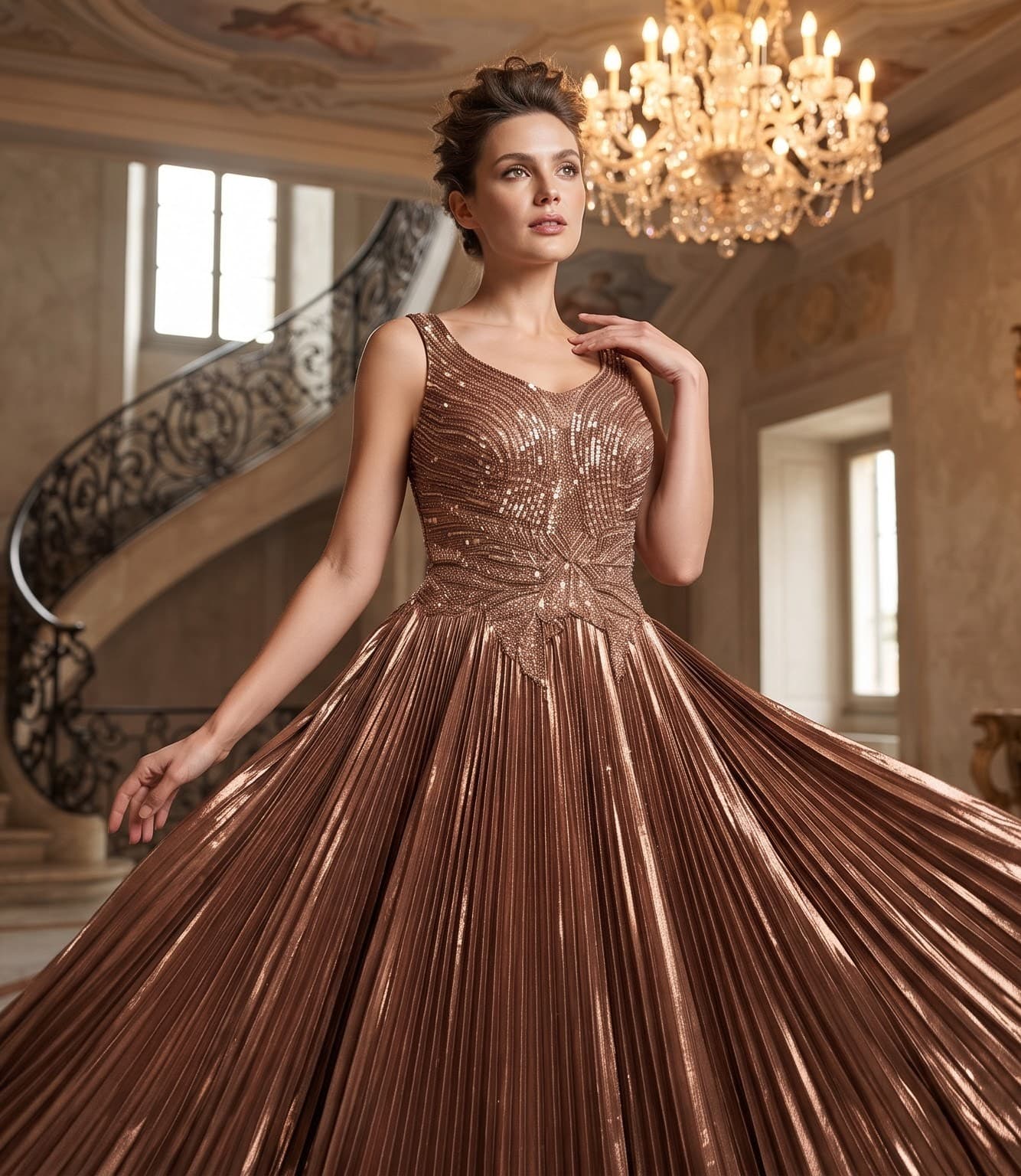 Rose Gold Sequin Pleated Evening Gown