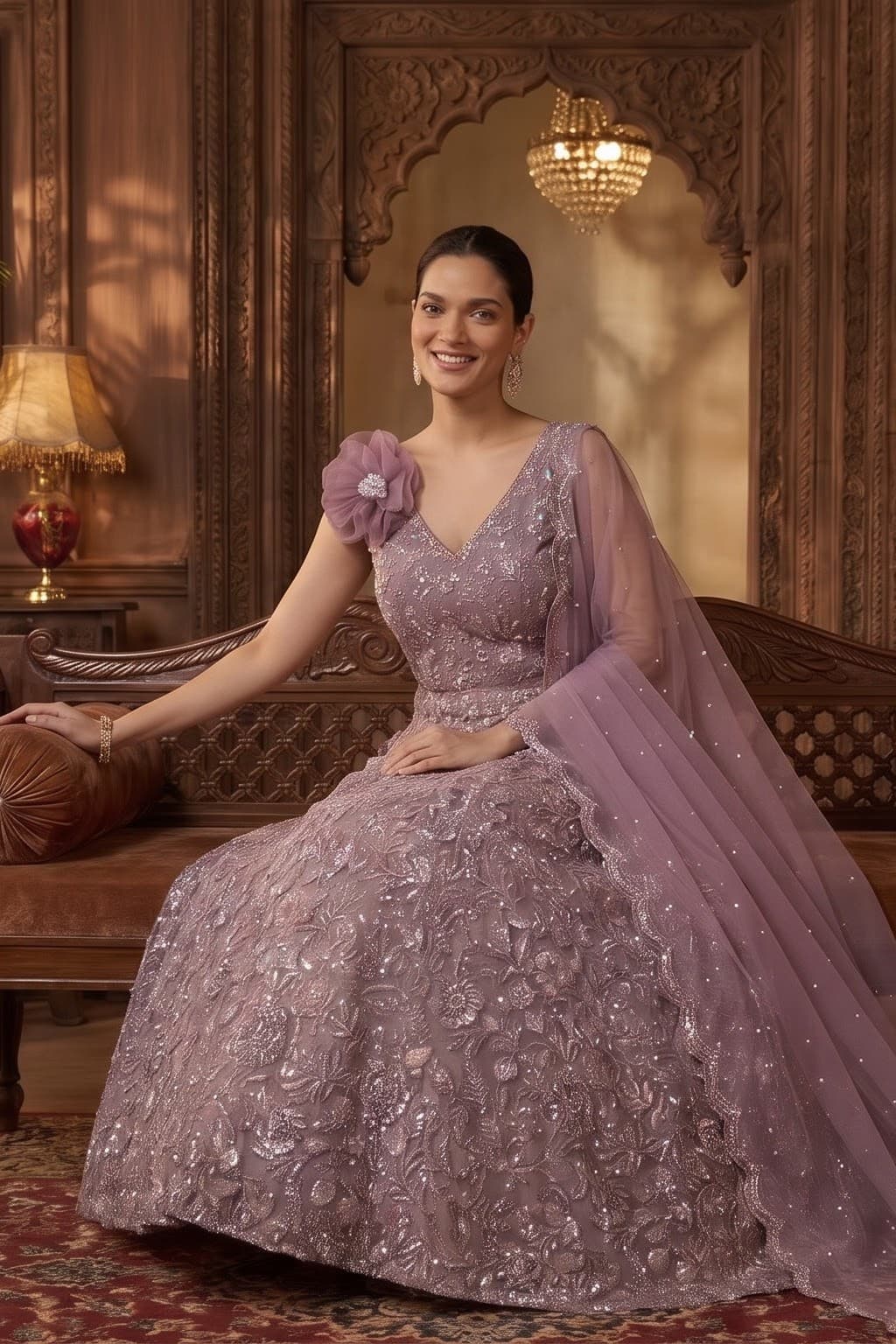 Lilac Embellished Gown with Cape Sleeve