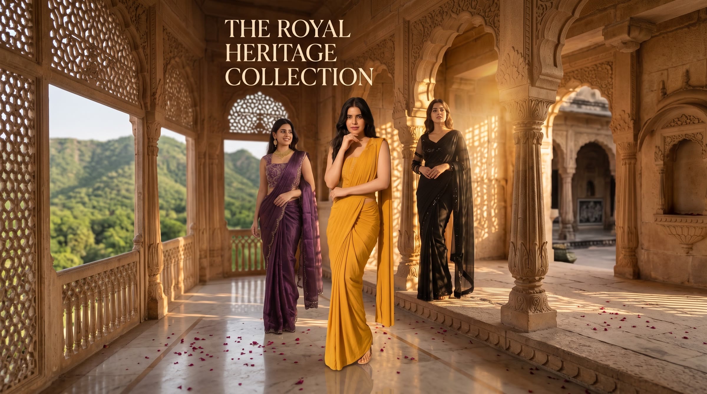 The Royal Heritage Collection, with models in purple, gold, and black sarees
